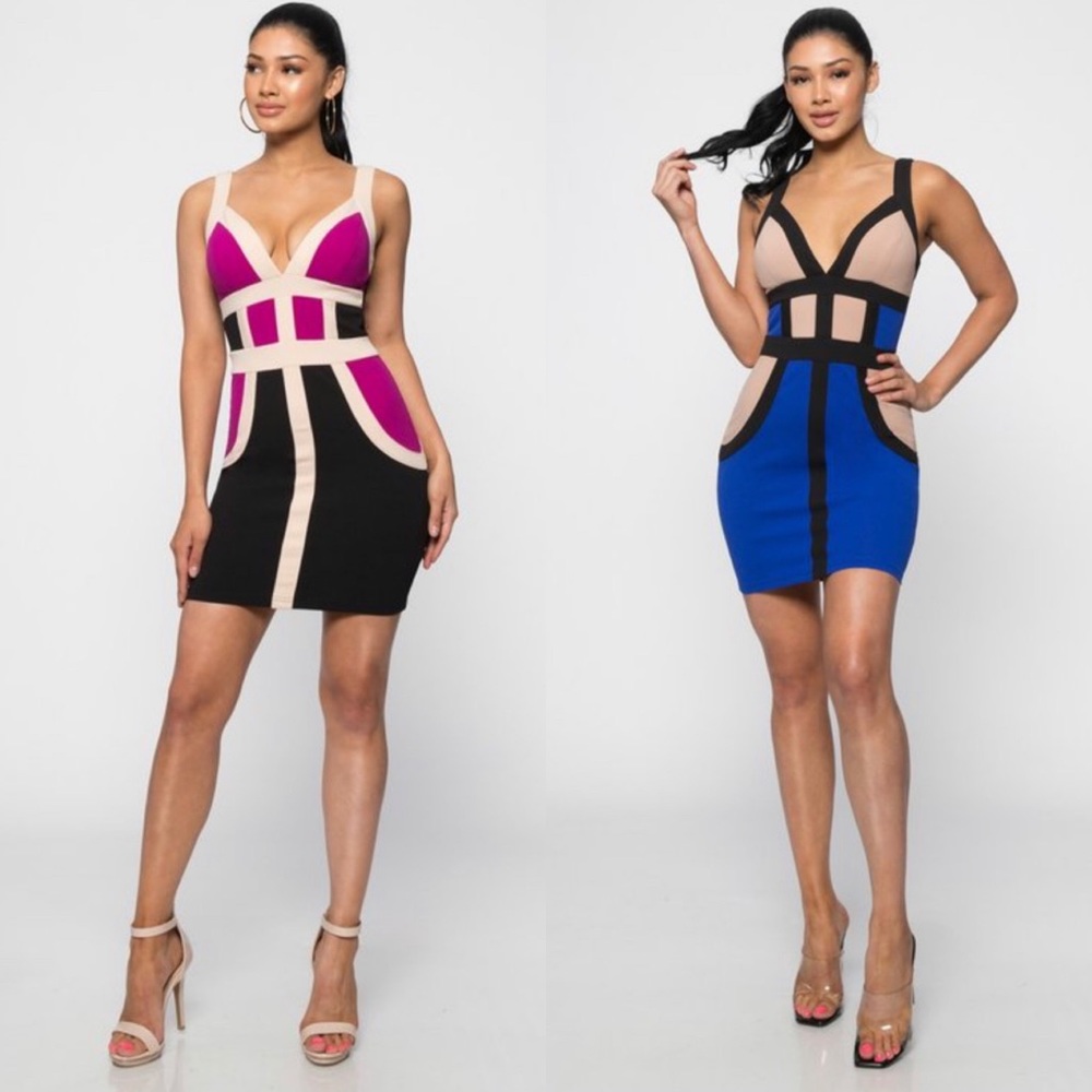 Caged Colorblock Bodycon Mini Dress Plum and Blue